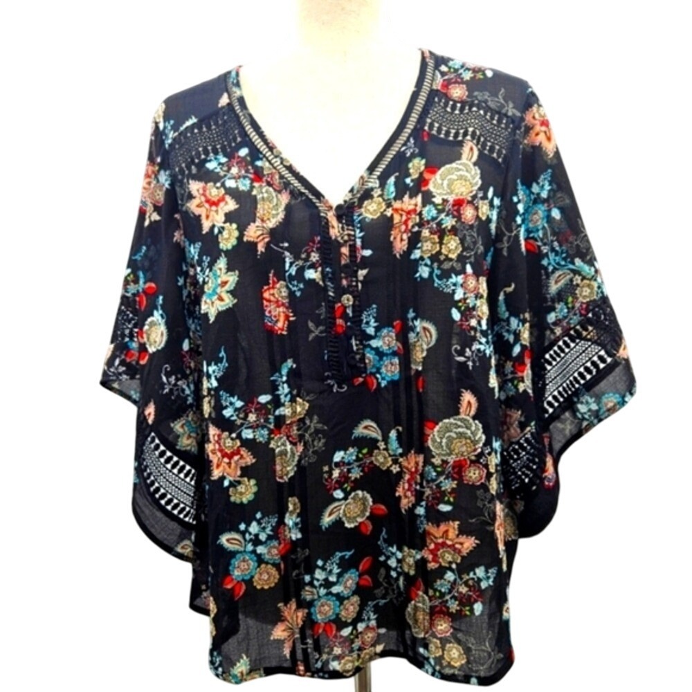 Floral Print Kimono Top Blouse Black Colorful Boho Bohemian V Neck Half Sleeve L